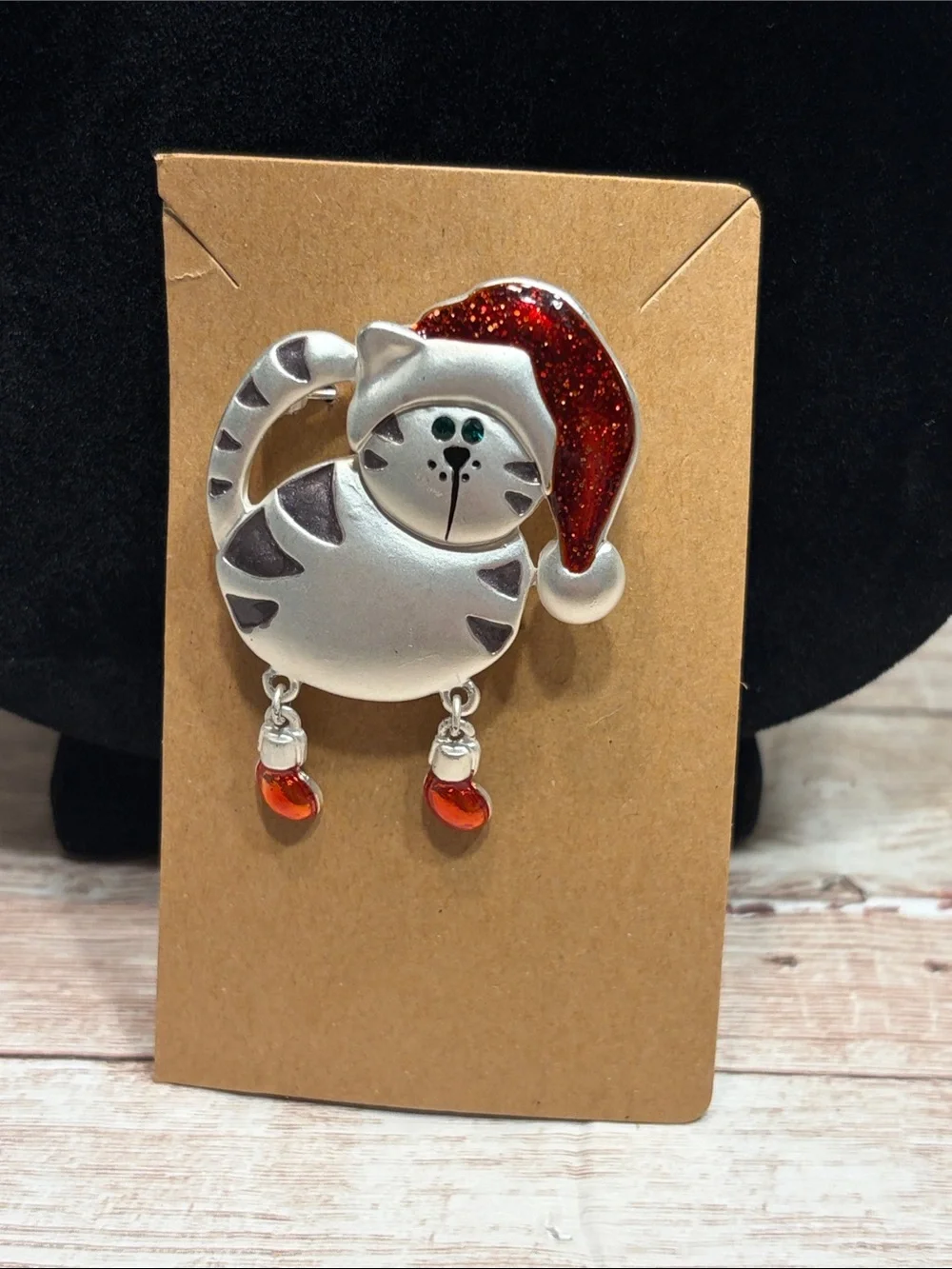 Holiday Cat Brooch Pin with Red Glitter Santa Hat - Unbranded